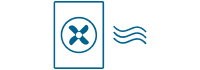 Blaues Liniensymbol eines Lüftungs- oder Abluftgebläses auf einer rechteckigen Fläche mit drei Wellenlinien auf der rechten Seite, die den Luftstrom symbolisieren.