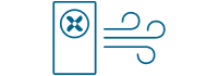 Ein blaues Symbol einer Klimaanlage mit einem kreisförmigen Ventilatorsymbol und drei geschwungenen Linien, die den von ihr ausgehenden Luftstrom darstellen.