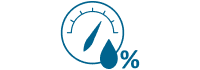 Das blaue Symbol zeigt ein Messgerät mit einer Nadel in der Mitte und einer Tropfenform neben einem Prozentzeichen, was auf die Messung des Flüssigkeits- oder Feuchtigkeitsstands hindeutet.