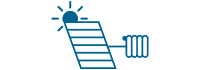 Stilisiertes blaues Symbol eines schräg gestellten Solarpanels, über dem die Sonne scheint, verbunden mit einem kleinen rechteckigen Bauteil auf der rechten Seite.