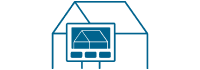 Eine einfache blaue Strichzeichnung eines Hauses mit einem großen rechteckigen Fenster und drei kleinen Rechtecken darunter, die einem Fenster mit Fensterscheiben ähneln.