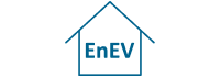 Umriss eines einfachen Hauses mit den Buchstaben EnEV im Inneren, in blauer Schrift.