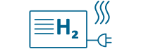 Blaue Strichzeichnung eines Kastens mit der Aufschrift H₂ mit horizontalen Linien, einem elektrischen Stecker und drei Wellenlinien, die aus dem Kasten herausragen und auf die Erzeugung oder Nutzung von Wasserstoff hinweisen.