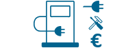 Blaues Symbol einer Ladestation für Elektrofahrzeuge mit einem Stecker, einem Steckersymbol, einem gekreuzten Schraubenschlüssel und Schraubenzieher und einem Euro-Währungssymbol daneben.