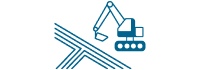 Blaue Line-Art-Illustration eines Baggers auf Gleisen, positioniert über sich kreuzenden abgewinkelten Linien, die auf Bau- oder Ingenieurthemen auf einem weißen Hintergrund hinweisen.