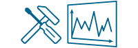 Eine blaue Linie mit einem Hammer und einer Spitzhacke, die sich neben einem Diagramm mit einem gezackten Liniendiagramm kreuzen, steht für Datenanalyse oder Bergbau-Analytik.